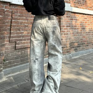 Vintage High Street Distressed Snake Print Tie-Dye Wide-Leg Jeans for Women - Trendy 90s Inspired Loose Fit Denim Pants