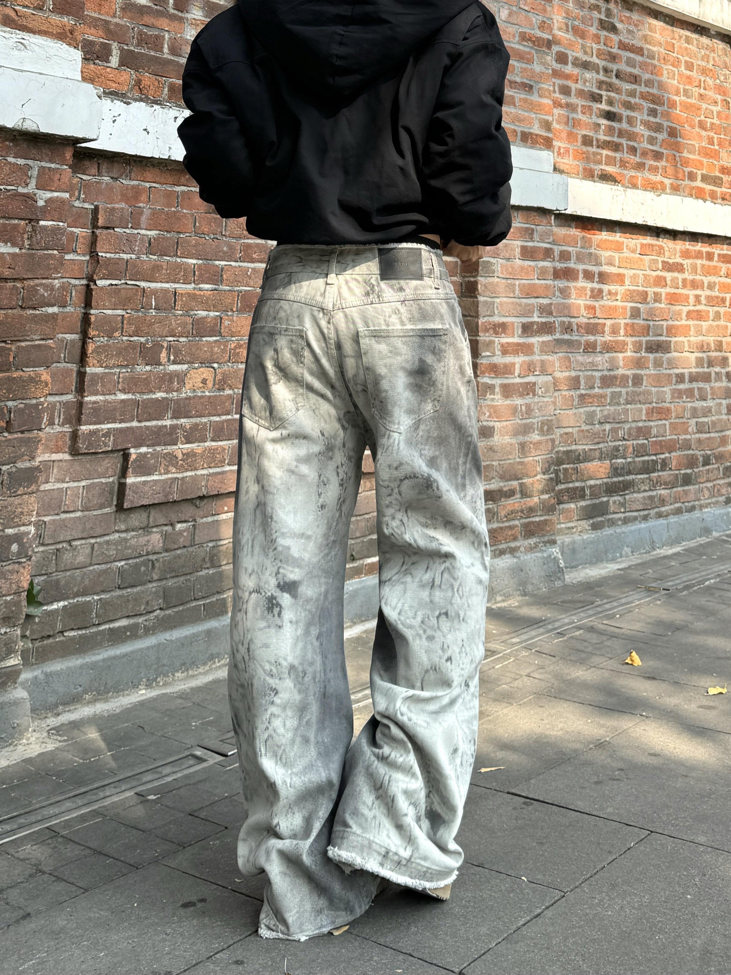 Vintage High Street Distressed Snake Print Tie-Dye Wide-Leg Jeans for Women - Trendy 90s Inspired Loose Fit Denim Pants