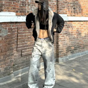 Vintage High Street Distressed Snake Print Tie-Dye Wide-Leg Jeans for Women - Trendy 90s Inspired Loose Fit Denim Pants