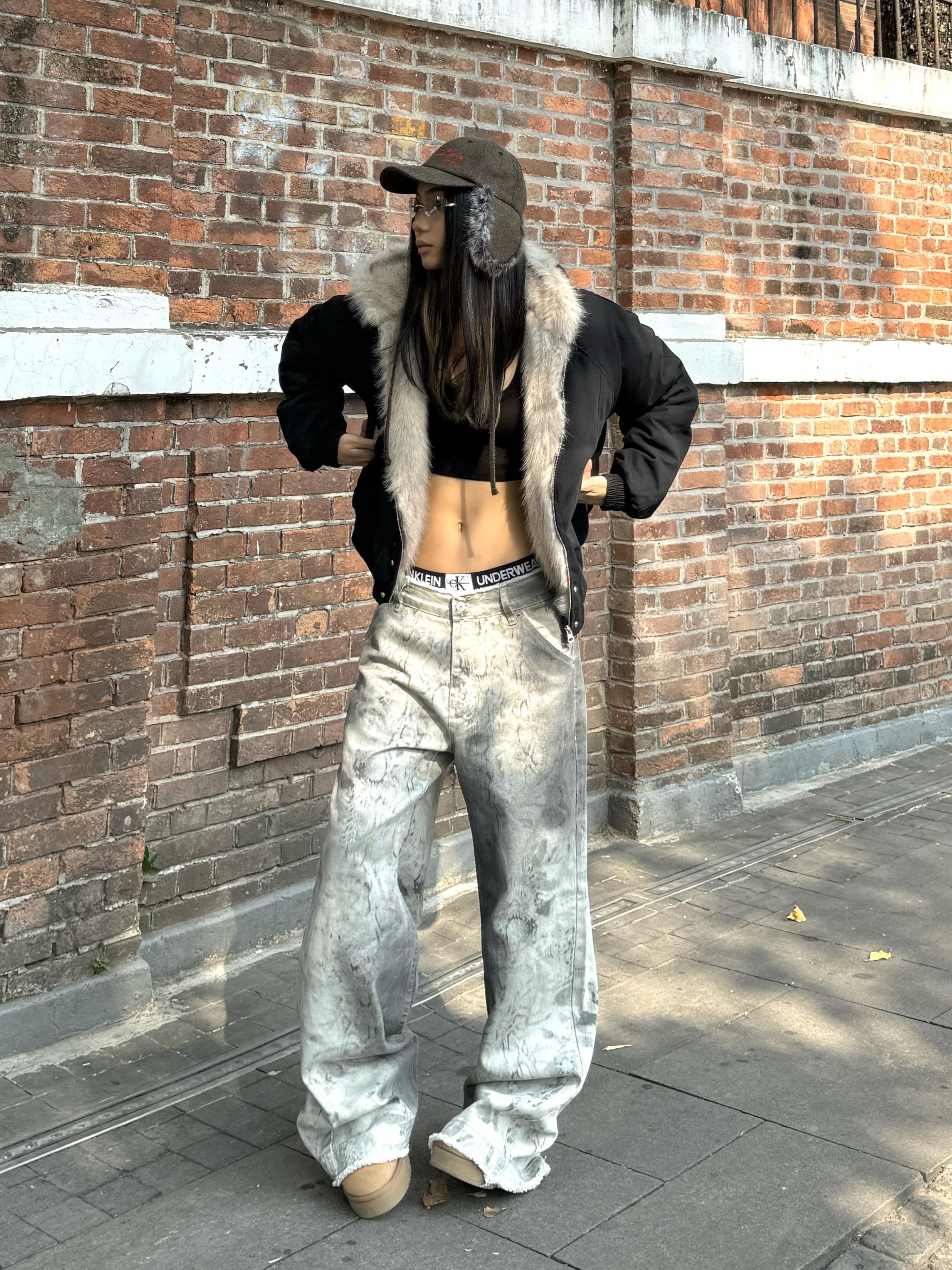 Vintage High Street Distressed Snake Print Tie-Dye Wide-Leg Jeans for Women - Trendy 90s Inspired Loose Fit Denim Pants