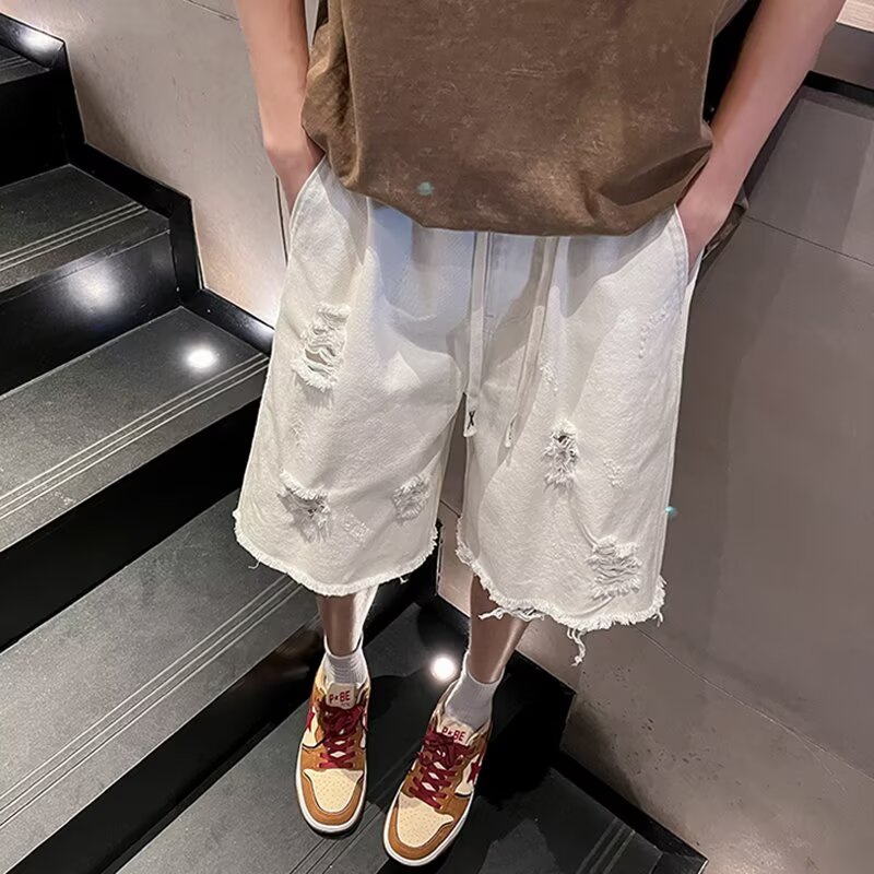 Vintage High Street Frayed Washed Denim Shorts for Men & Women, Trendy Loose Straight Casual Summer Five-Point Shorts