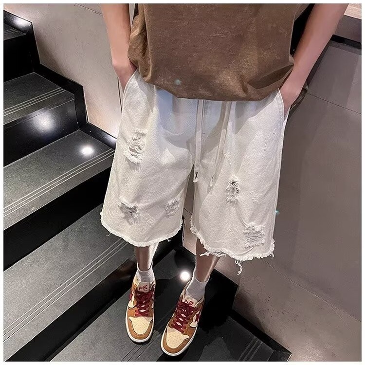 Vintage High Street Frayed Washed Denim Shorts for Men & Women, Trendy Loose Straight Casual Summer Five-Point Shorts