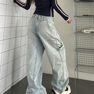 Vintage High Street Reversible Multi-Pocket Jeans with Splatter Design - Retro 90s Style for a Chic Summer Look