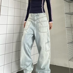 Vintage High Street Reversible Multi-Pocket Jeans with Splatter Design - Retro 90s Style for a Chic Summer Look