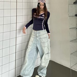 Vintage High Street Reversible Multi-Pocket Jeans with Splatter Design - Retro 90s Style for a Chic Summer Look