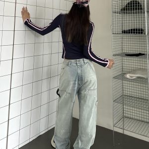 Vintage High Street Reversible Multi-Pocket Jeans with Splatter Design - Retro 90s Style for a Chic Summer Look