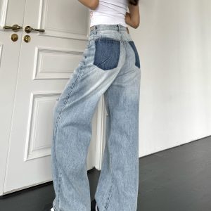 Vintage High Street Ripped Straight-Leg Wide-Leg Washed Blue Jeans for Spring-Summer Fashion, Loose Fit Floor-Length Pants