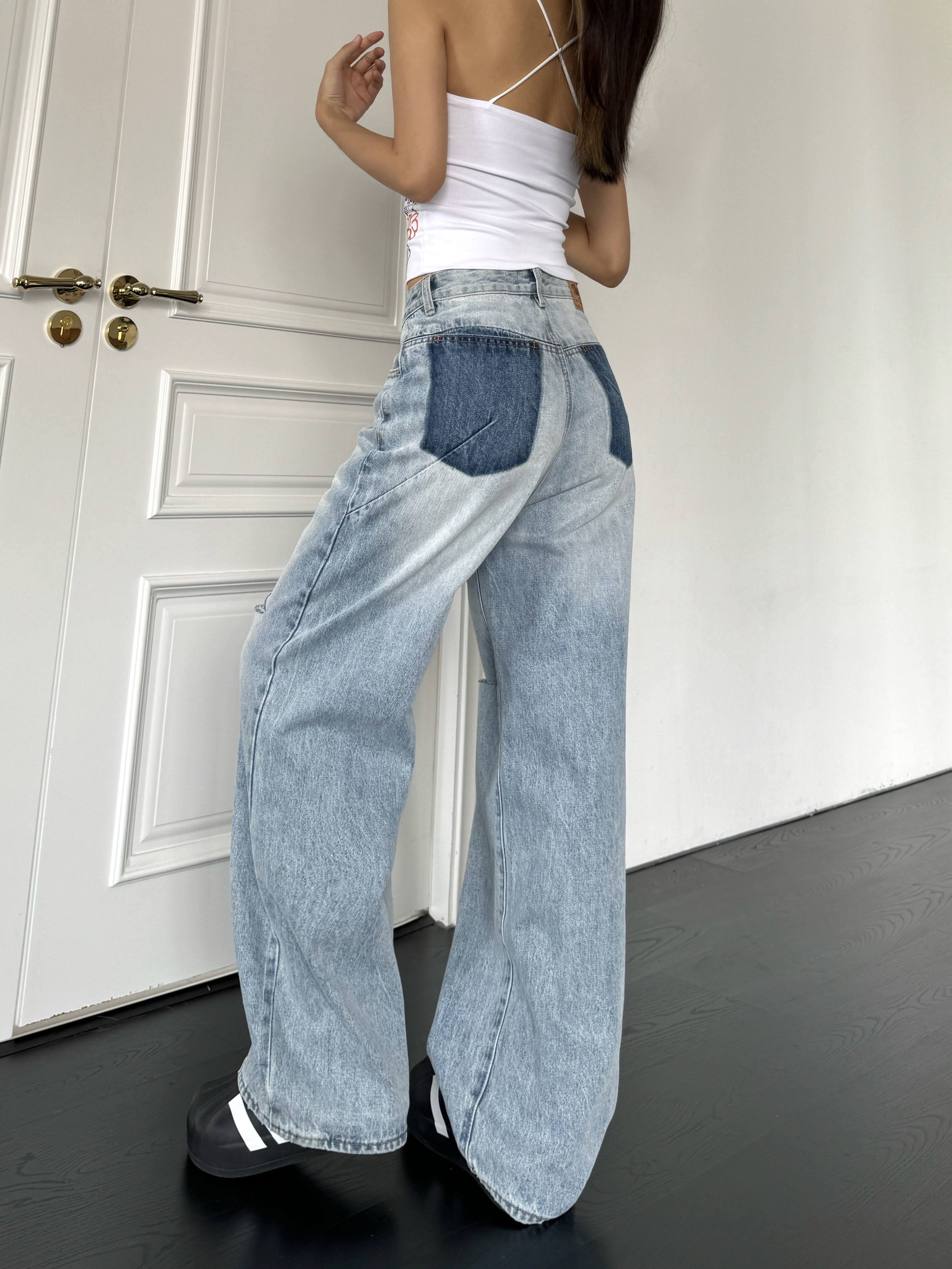 Vintage High Street Ripped Straight-Leg Wide-Leg Washed Blue Jeans for Spring-Summer Fashion, Loose Fit Floor-Length Pants