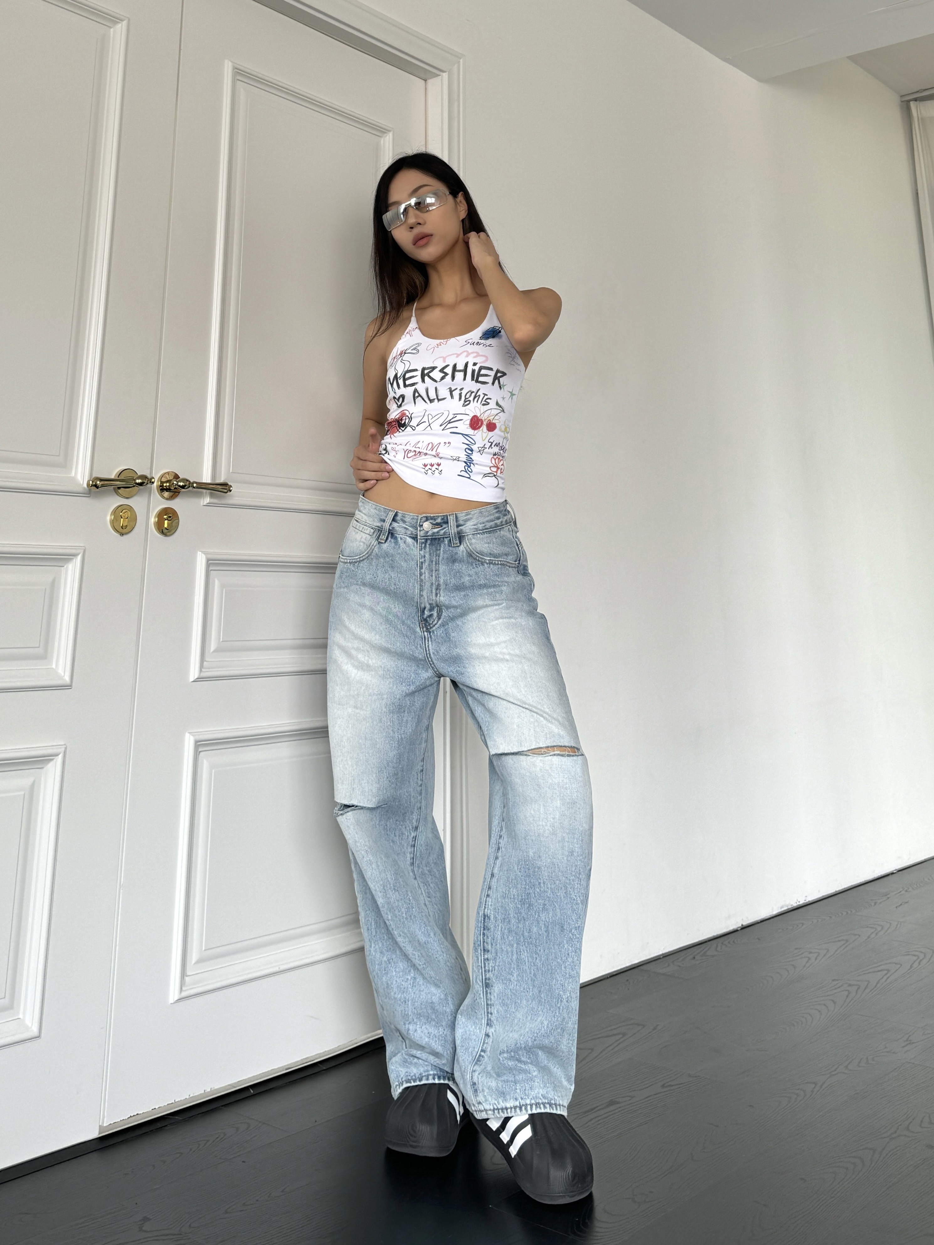 Vintage High Street Ripped Straight-Leg Wide-Leg Washed Blue Jeans for Spring-Summer Fashion, Loose Fit Floor-Length Pants