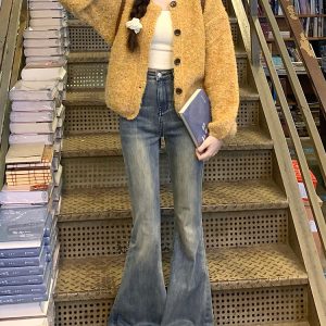 Vintage High-Waisted Distressed Flared Jeans for Women, Summer Slim Fit Bell-Bottom Pants, Flattering Straight Leg Style