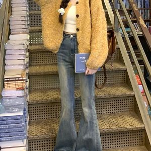 Vintage High-Waisted Distressed Flared Jeans for Women, Summer Slim Fit Bell-Bottom Pants, Flattering Straight Leg Style