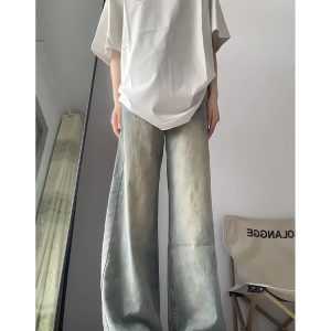 Vintage High-Waisted Loose-Fit Wide-Leg Distressed Denim Pants for Women - Summer American Retro Floor-Length Slimming Style