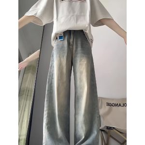Vintage High-Waisted Loose-Fit Wide-Leg Distressed Denim Pants for Women - Summer American Retro Floor-Length Slimming Style