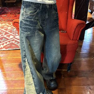 Vintage High-Waisted Loose Heavy-Duty Ripped Jeans for Women - Versatile Wide-Leg Casual Pants in Y2K Style