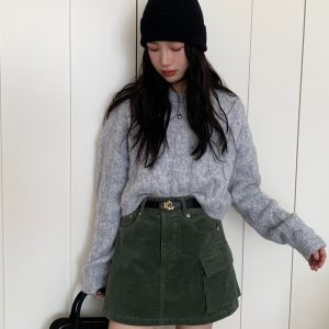 Vintage High-Waisted Midi Skirt for Women - A-Line Corduroy Spring/Summer 2023 Fashion Essential