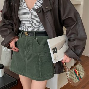 Vintage High-Waisted Midi Skirt for Women - A-Line Corduroy Spring/Summer 2023 Fashion Essential