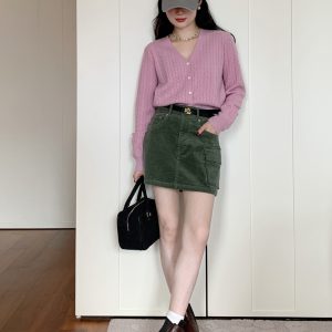 Vintage High-Waisted Midi Skirt for Women - A-Line Corduroy Spring/Summer 2023 Fashion Essential