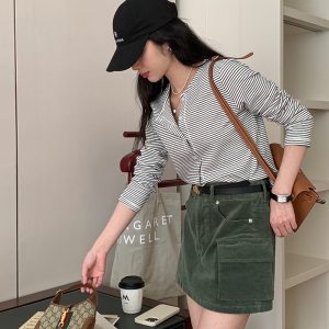 Vintage High-Waisted Midi Skirt for Women - A-Line Corduroy Spring/Summer 2023 Fashion Essential