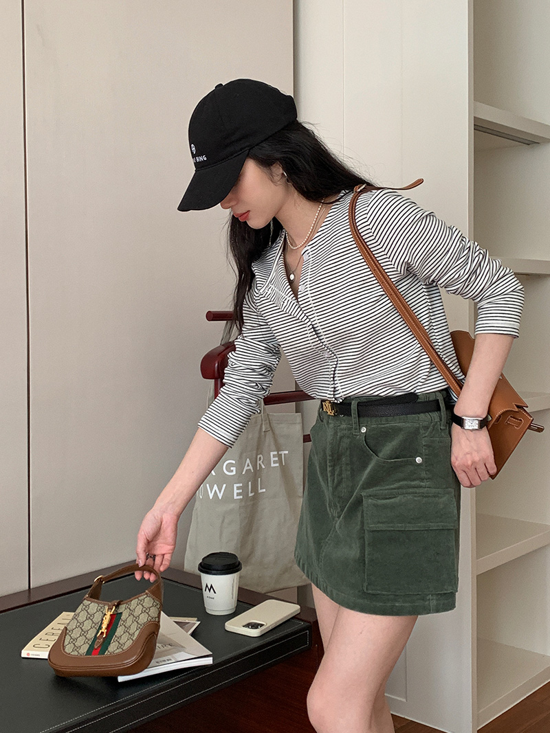 Vintage High-Waisted Midi Skirt for Women - A-Line Corduroy Spring/Summer 2023 Fashion Essential