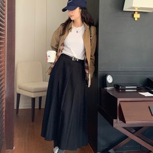 Vintage High-Waisted Pleated Midi Skirt for Women, A-Line Long Skirt, Autumn Winter 2022, Perfect for Pear-Shaped Figures, 90s Style