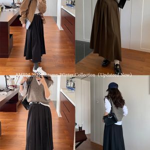 Vintage High-Waisted Pleated Midi Skirt for Women, A-Line Long Skirt, Autumn Winter 2022, Perfect for Pear-Shaped Figures, 90s Style