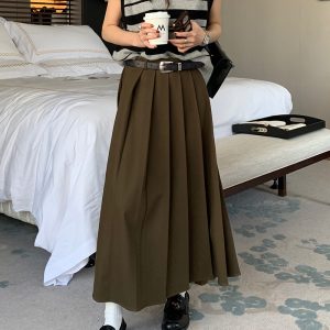 Vintage High-Waisted Pleated Midi Skirt for Women, A-Line Long Skirt, Autumn Winter 2022, Perfect for Pear-Shaped Figures, 90s Style