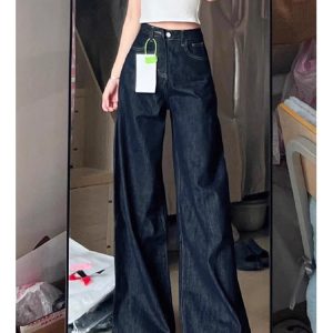 Vintage High-Waisted Wide-Leg Jeans for Women - Denim Blue Loose Fit Summer Pants with Slimming Drape, Floor-Length Style