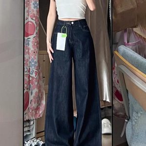Vintage High-Waisted Wide-Leg Jeans for Women - Denim Blue Loose Fit Summer Pants with Slimming Drape, Floor-Length Style