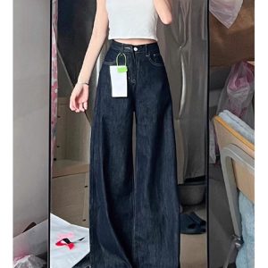 Vintage High-Waisted Wide-Leg Jeans for Women - Denim Blue Loose Fit Summer Pants with Slimming Drape, Floor-Length Style