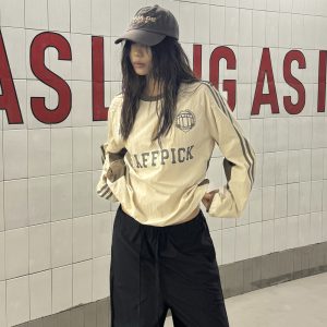 Vintage Hip-Hop Patchwork Long Sleeve T-Shirt with Three Stripes - Casual Loose Sports Top for 90s Y2K Style