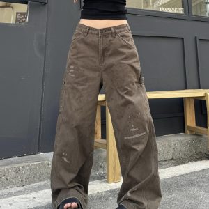 Vintage Ink Splash Work Pants - Retro American Street Style Loose Straight Casual Trousers for 90s Inspired Fashion