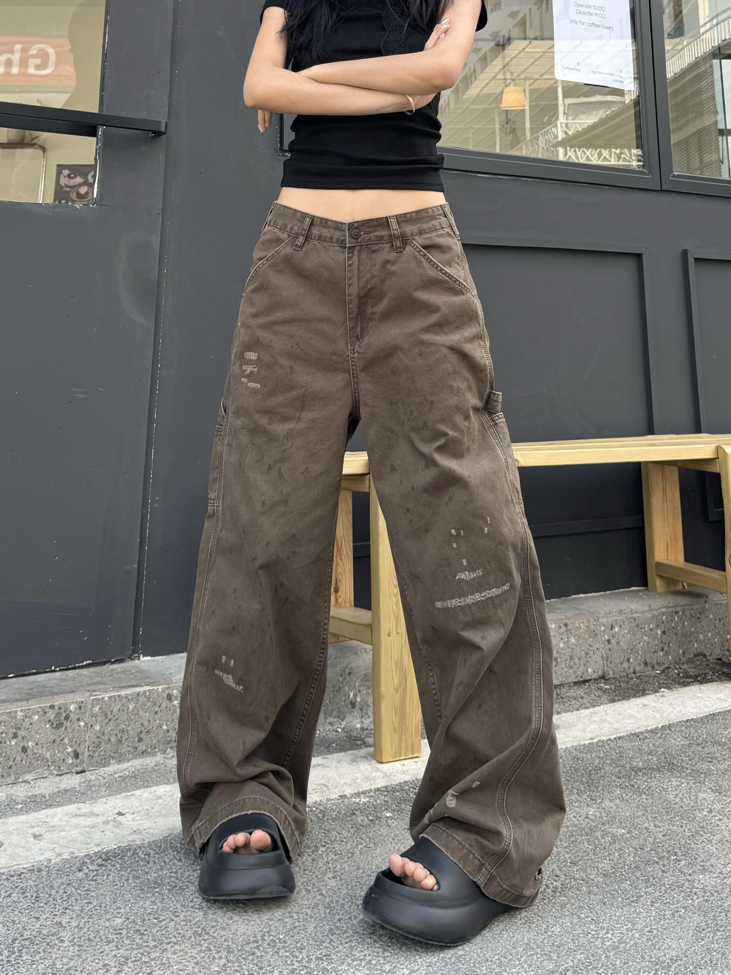 Vintage Ink Splash Work Pants - Retro American Street Style Loose Straight Casual Trousers for 90s Inspired Fashion