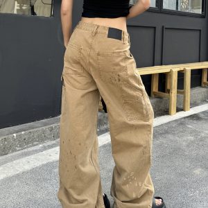 Vintage Ink Splash Work Pants - Retro American Street Style Loose Straight Casual Trousers for 90s Inspired Fashion