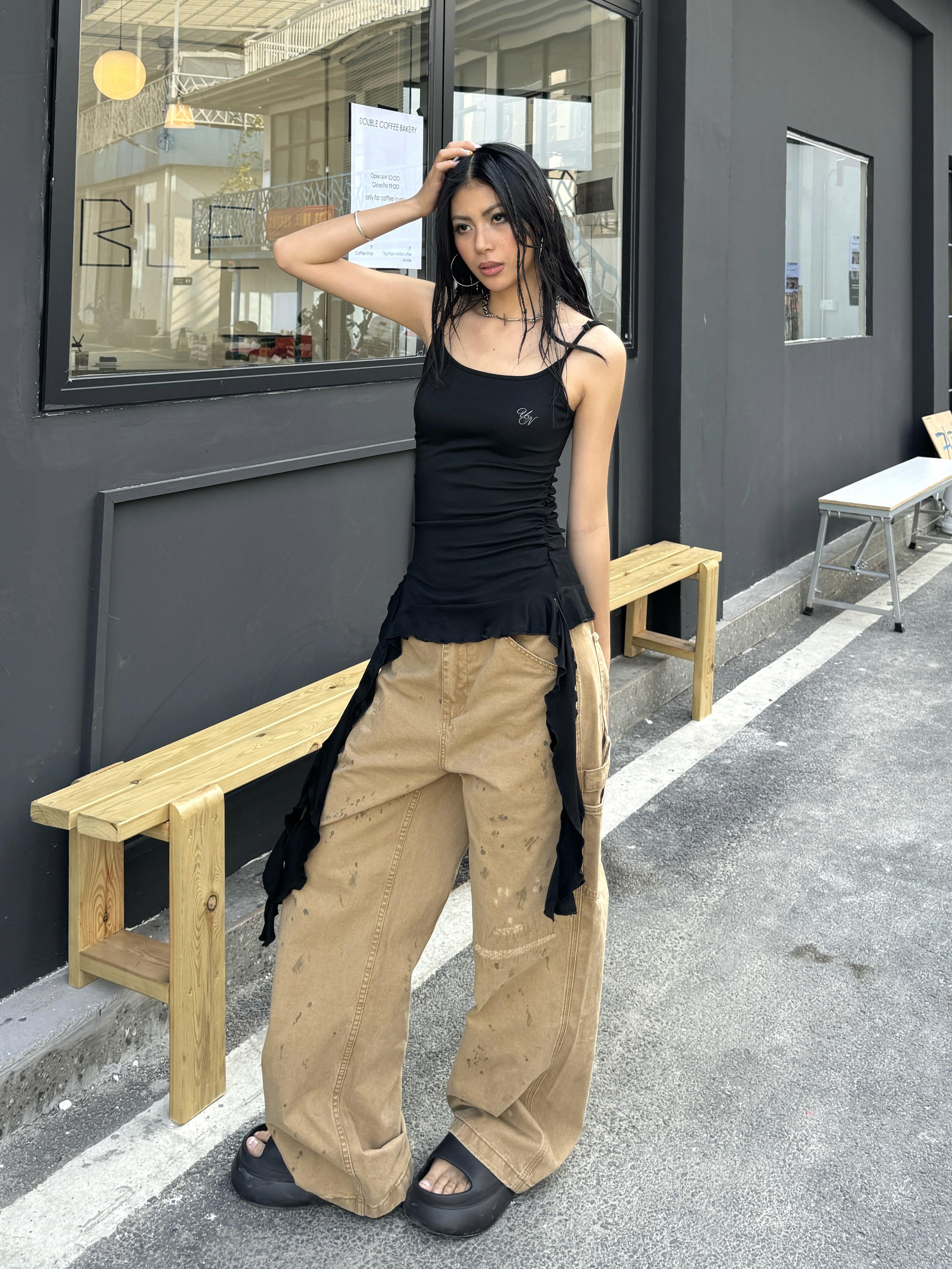 Vintage Ink Splash Work Pants - Retro American Street Style Loose Straight Casual Trousers for 90s Inspired Fashion