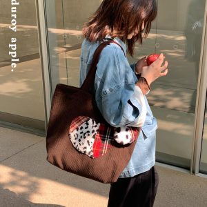 Vintage-Inspired Cute Apple Shoulder Bag - Large Capacity Corduroy Tote for Y2K Style Fashion