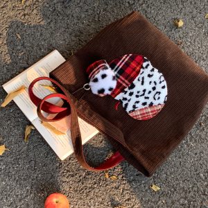 Vintage-Inspired Cute Apple Shoulder Bag - Large Capacity Corduroy Tote for Y2K Style Fashion