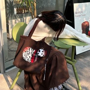 Vintage-Inspired Cute Apple Shoulder Bag - Large Capacity Corduroy Tote for Y2K Style Fashion
