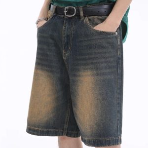 Vintage-Inspired Dark Blue Denim Shorts for Summer - Distressed Loose Fit Straight-Leg Five-Point Casual Style