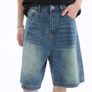 Vintage-Inspired Dark Blue Denim Shorts for Summer - Distressed Loose Fit Straight-Leg Five-Point Casual Style