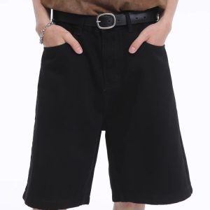 Vintage-Inspired Dark Blue Denim Shorts for Summer - Distressed Loose Fit Straight-Leg Five-Point Casual Style