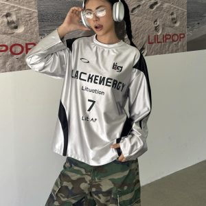 Vintage-Inspired Spicy Girl Long Sleeve Jersey Top with Silver Patchwork Letter Print - Casual Loose Fit Raglan Style