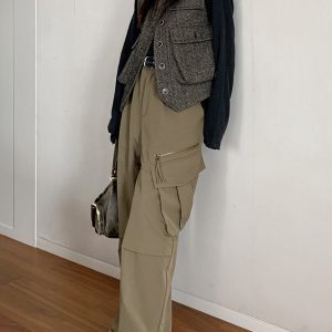 Vintage-Inspired Women's Casual Wide-Leg Workwear Pants with Loose Fit and Slanted Pockets, Trendy Parachute Style
