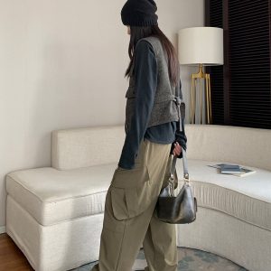 Vintage-Inspired Women's Casual Wide-Leg Workwear Pants with Loose Fit and Slanted Pockets, Trendy Parachute Style