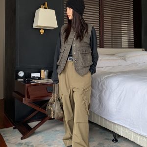 Vintage-Inspired Women's Casual Wide-Leg Workwear Pants with Loose Fit and Slanted Pockets, Trendy Parachute Style
