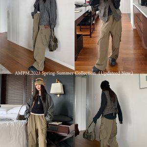 Vintage-Inspired Women's Casual Wide-Leg Workwear Pants with Loose Fit and Slanted Pockets, Trendy Parachute Style