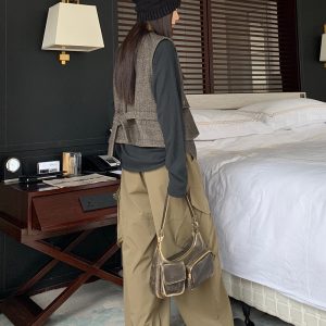 Vintage-Inspired Women's Casual Wide-Leg Workwear Pants with Loose Fit and Slanted Pockets, Trendy Parachute Style