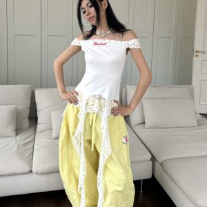 Vintage Lace Splicing One-Shoulder Tank Top with Fringe Design - Slim Fit, Flattering Style, Perfect for 90s and Y2K Fashion Trends