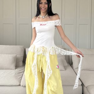 Vintage Lace Splicing One-Shoulder Tank Top with Fringe Design - Slim Fit, Flattering Style, Perfect for 90s and Y2K Fashion Trends