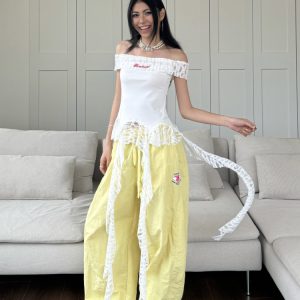 Vintage Lace Splicing One-Shoulder Tank Top with Fringe Design - Slim Fit, Flattering Style, Perfect for 90s and Y2K Fashion Trends
