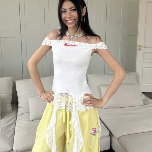 Vintage Lace Splicing One-Shoulder Tank Top with Fringe Design - Slim Fit, Flattering Style, Perfect for 90s and Y2K Fashion Trends